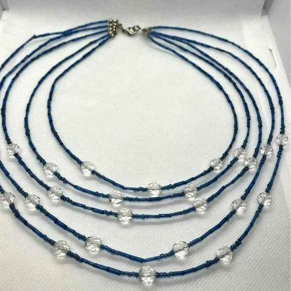 Clear Faceted Crystal & Blue Glass Bugle Beads Multi Layer Silver Tone Necklace‎ - Picture 2 of 10